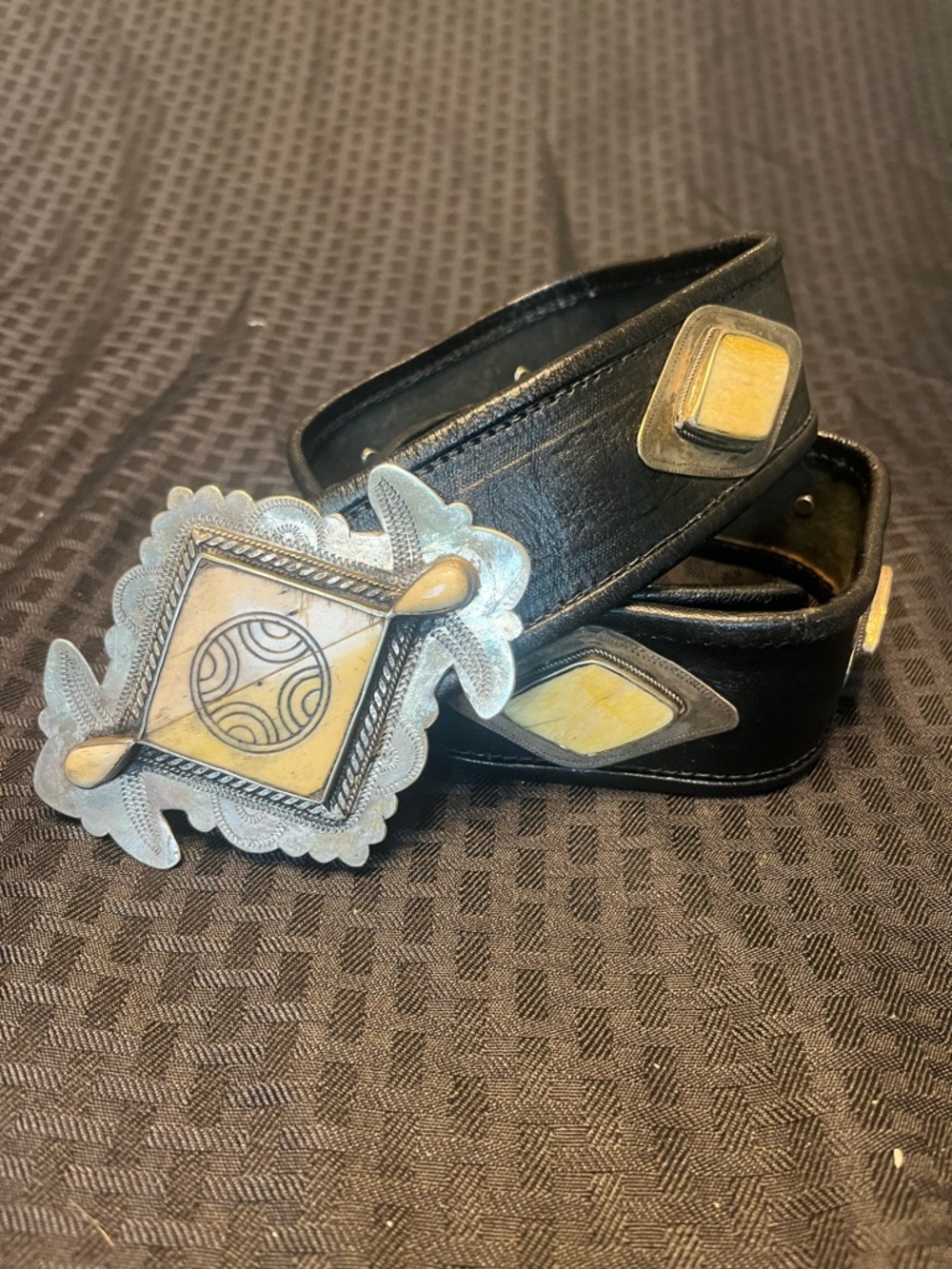 Navajo Vintage Black Leather Belt with Bone Inlaid Accents